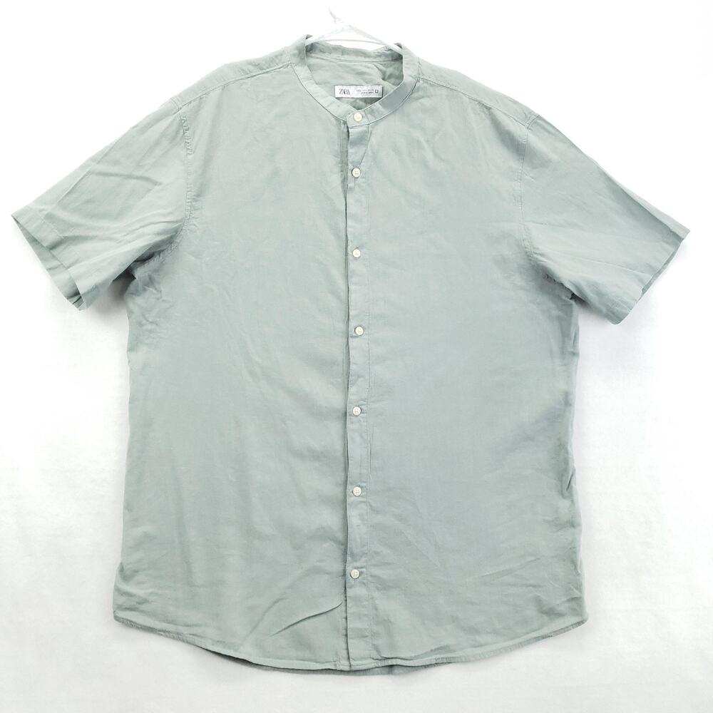 Zara Shirt Mens Large Short Sleeve Band Collar Button Up Casual